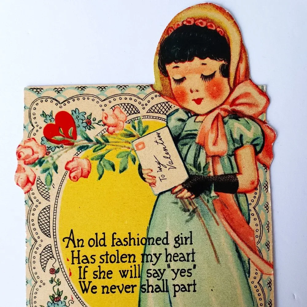 Victorian Style Lace Pink Bonnet Girl Heavy Paper Valentine's Day Card